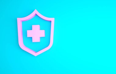 Pembe Sağlık sigortası ikonu mavi arka planda izole edilmiş. Hasta koruması. Güvenlik, güvenlik, koruma, konsept koruma. Minimalizm kavramı. 3d illüstrasyon 3B canlandırma.