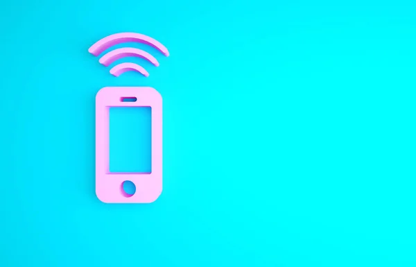 Icono Smartphone Inalámbrico Rosa Aislado Sobre Fondo Azul Concepto Minimalista — Foto de Stock