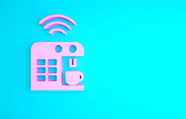 Pink Smart coffee machine system icon isolated on blue background. Internet of things concept with wireless connection. Minimalism concept. 3d illustration 3D render.