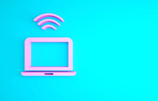 Ícone Laptop Sem Fio Rosa Isolado Fundo Azul Internet Das — Fotografia de Stock