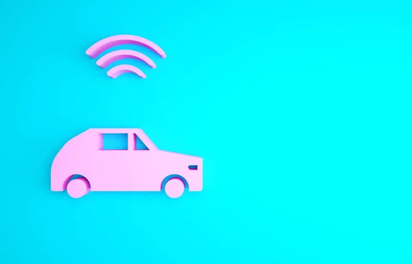 Pinkfarbenes Smart Autosystem Mit Funkverbindungssymbol Isoliert Auf Blauem Hintergrund Minimalismus — Stockfoto