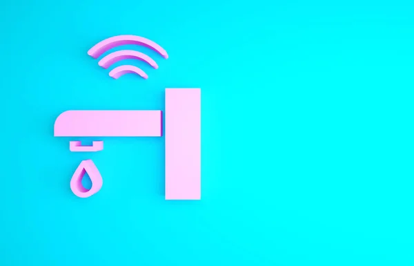 Pink Smart water tap system icon isolated on blue background. Internet of things concept with wireless connection. Minimalism concept. 3d illustration 3D render.