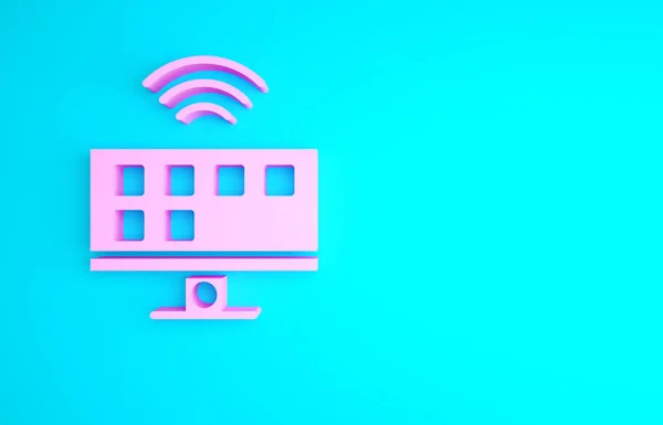Rózsaszín Smart Rendszer Ikon Elszigetelt Kék Háttérrel Televíziós Jel Internet — Stock Fotó