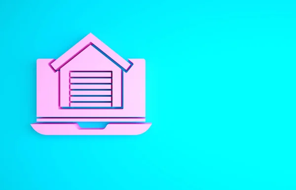 Pink Online Будинок Нерухомості Іконі Ноутбука Ізольований Синьому Фоні Концепція — стокове фото
