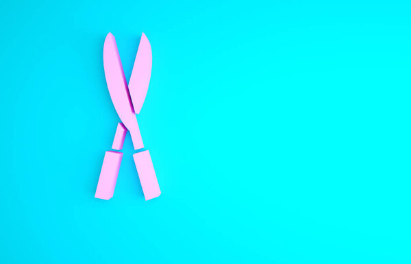 Pink Gardening handmade scissors for trimming icon isolated on blue background. Pruning shears with wooden handles. Minimalism concept. 3d illustration 3D render.
