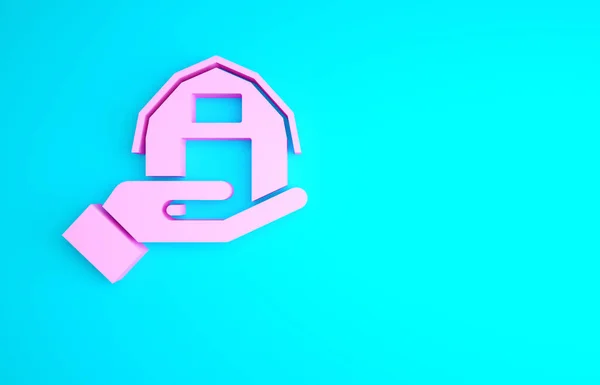 Pink Farm House Hand Icon Isolated Blue Background Minimalism Concept — Stock Photo, Image