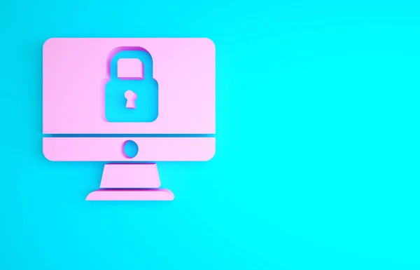 Pink Lock Computer Monitor Screen Icon Isolated Blue Background Security — Stock Photo, Image