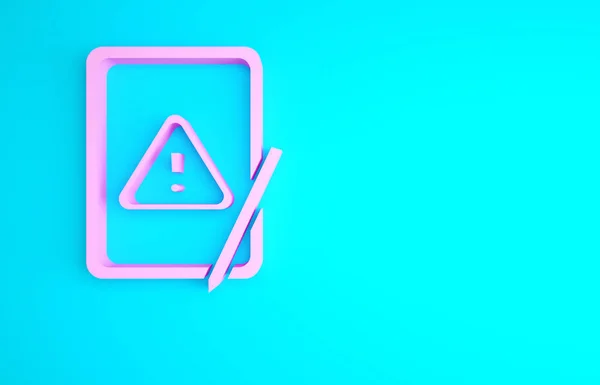 青い背景にアイコンが分離感嘆符付きピンクのグラフィックタブレット アラートメッセージスマートフォン通知 最小限の概念 3Dイラスト3Dレンダリング — ストック写真