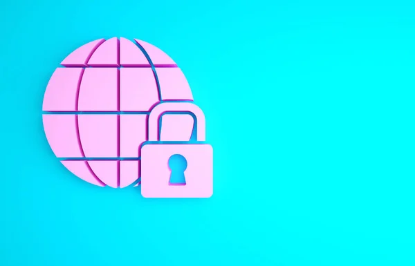 Pink Global Lockdown Vergrendeld Wereldbol Pictogram Geïsoleerd Blauwe Achtergrond Minimalisme — Stockfoto