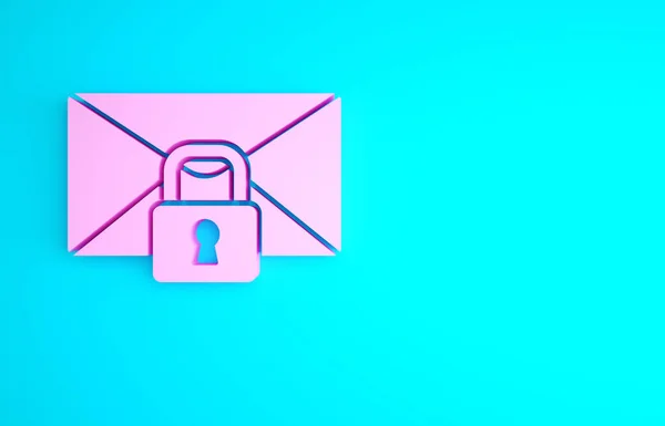 Pink Mail message lock password icon isolated on blue background. Envelope with padlock. Private, security, secure, protection, privacy. Minimalism concept. 3d illustration 3D render.