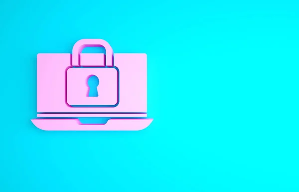 粉色笔记本电脑和锁定图标隔离在蓝色背景 电脑和挂锁安保 保护概念 安全的互联网 最低纲领的概念 3D渲染3D插图 — 图库照片