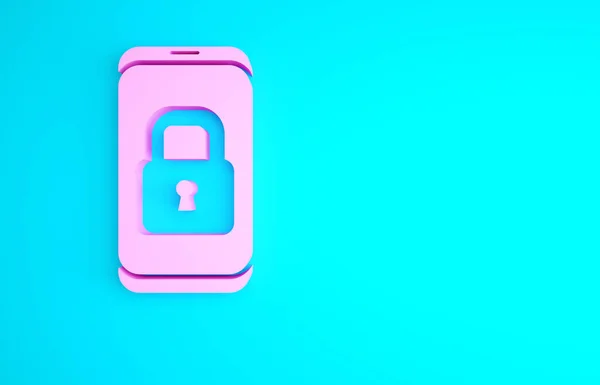 Smartphone Rose Avec Icône Cadenas Fermé Isolé Sur Fond Bleu — Photo