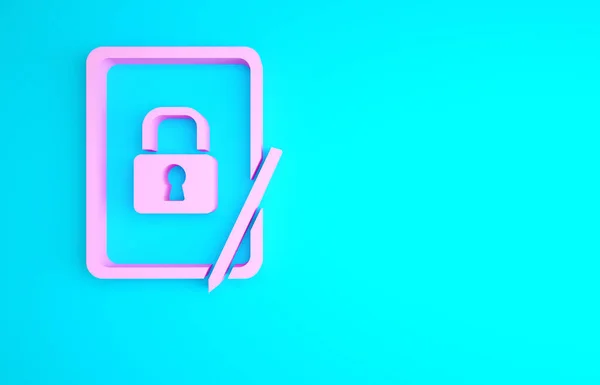 Pink Graphic Tablet Closed Padlock Icon Isolated Blue Background Phone — Stock Photo, Image