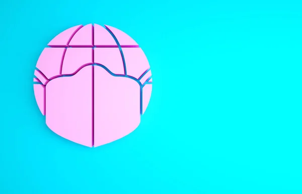 Pink Earth globe with medical mask icon isolated on blue background. Minimalism concept. 3d illustration 3D render.