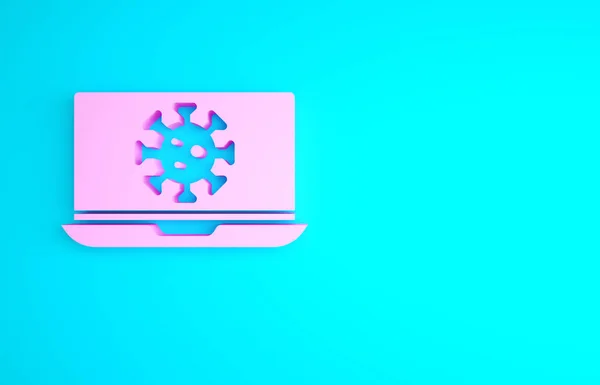 Rózsaszín Vírus Statisztikák Laptop Ikon Elszigetelt Kék Alapon Corona Vírus — Stock Fotó