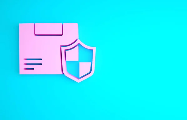 Pink Delivery security with shield icon isolated on blue background. Delivery insurance. Insured cardboard boxes beyond the shield. Minimalism concept. 3d illustration 3D render.