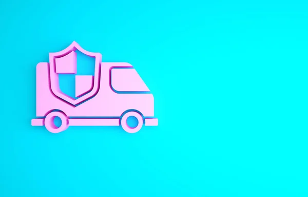 Růžové Auto Ikonou Štítu Izolované Modrém Pozadí Pojištění Zabezpečení Bezpečnost — Stock fotografie