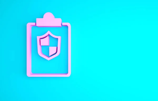 粉红色文件与盾牌图标隔离在蓝色背景 保险概念 保护概念 最低纲领的概念 3D渲染3D插图 — 图库照片
