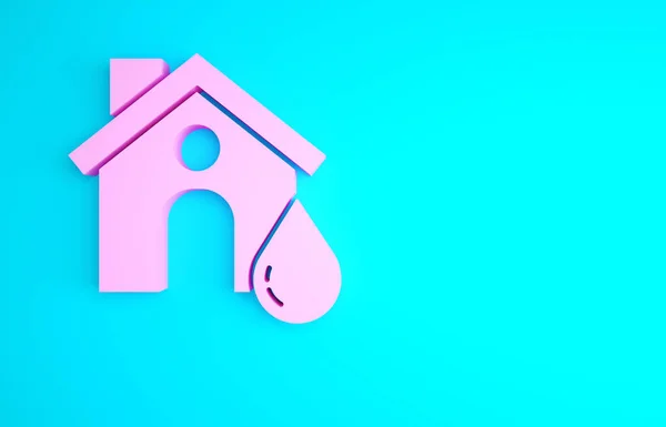 Pink House flood icon isolated on blue background. Home flooding under water. Insurance concept. Security, safety, protection, protect concept. Minimalism concept. 3d illustration 3D render.