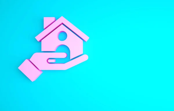 Ikon Asuransi Pink House Terisolasi Dengan Latar Belakang Biru Keamanan — Stok Foto