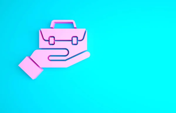 Pink Hand Holding Briefcase Icon Isolated Blue Background Insurance Concept — Stock Photo, Image
