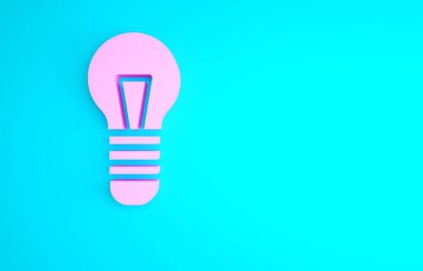Mavi arka planda izole edilmiş fikir ikonu kavramına sahip pembe ampul. Enerji ve fikir sembolü. İlham konsepti. Minimalizm kavramı. 3d illüstrasyon 3B canlandırma.