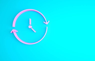 Pembe Saat simgesi mavi arkaplanda izole edildi. Zaman sembolü. Minimalizm kavramı. 3d illüstrasyon 3B canlandırma.