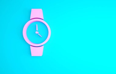 Pembe bilek saat simgesi mavi arkaplanda izole edildi. Kol saati simgesi. Minimalizm kavramı. 3d illüstrasyon 3B canlandırma.