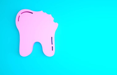 Mavi arka planda pembe kırık diş ikonu var. Diş problemi ikonu. Diş sağlığı sembolü. Minimalizm kavramı. 3d illüstrasyon 3B canlandırma.