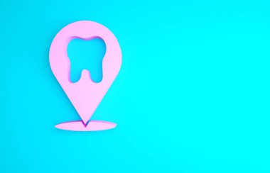 Pembe Diş Kliniği konumu ikonu mavi arka planda izole edildi. Minimalizm kavramı. 3d illüstrasyon 3B canlandırma.