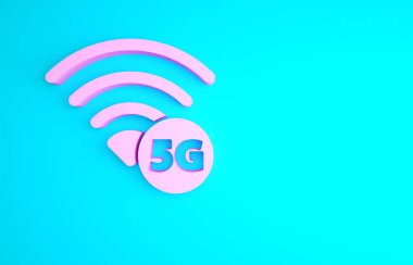 Pembe 5G yeni kablosuz internet kablosuz bağlantı simgesi mavi arkaplanda izole edildi. Küresel ağ yüksek hızlı bağlantı veri oranı teknolojisi. Minimalizm kavramı. 3d illüstrasyon 3B canlandırma.