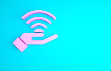 Pembe 5G yeni kablosuz internet kablosuz bağlantı simgesi mavi arkaplanda izole edildi. Küresel ağ yüksek hızlı bağlantı veri oranı teknolojisi. Minimalizm kavramı. 3d illüstrasyon 3B canlandırma.