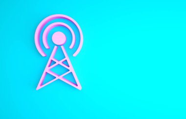 Mavi arkaplanda pembe anten simgesi izole edildi. Radyo anteni kablosuz. Teknoloji ve ağ sinyali radyo anteni. Minimalizm kavramı. 3d illüstrasyon 3B canlandırma.