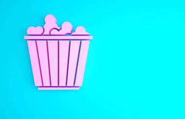 Mavi arka planda izole edilmiş karton kutu simgesinde pembe patlamış mısır. Patlamış mısır kutusu. Minimalizm kavramı. 3d illüstrasyon 3B canlandırma.