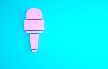 Mavi arkaplanda pembe mikrofon simgesi izole edildi. Radyodaki mikrofondan. Sözcü işareti. Minimalizm kavramı. 3d illüstrasyon 3B canlandırma.