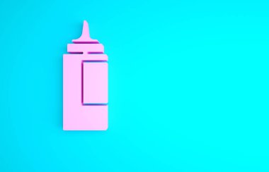 Pembe sos şişesi ikonu mavi arka planda izole edilmiş. Ketçap, hardal ve fast food için soslu mayonez şişeleri. Minimalizm kavramı. 3d illüstrasyon 3B canlandırma.