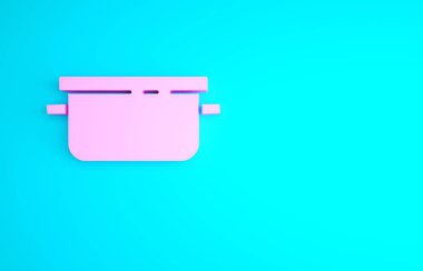 Mavi arka planda izole edilmiş pembe tencere ikonu. Haşlama ya da güveç besin sembolü. Minimalizm kavramı. 3d illüstrasyon 3B canlandırma.