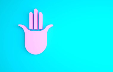 Pembe Hamsa el simgesi mavi arkaplanda izole edilmiş. Fatima 'nın eli - muska, şeytanın gözünden korunmanın sembolü. Minimalizm kavramı. 3d illüstrasyon 3B canlandırma.