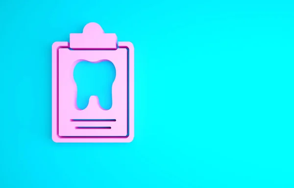 Pink Clipboard with dental card or patient medical records icon isolated on blue background. Dental insurance. Dental clinic report. Minimalism concept. 3d illustration 3D render.