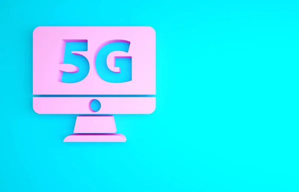 Pink Monitor Nowy Bezprzewodowy Internet Wifi Ikona Izolowana Niebieskim Tle — Zdjęcie stockowe