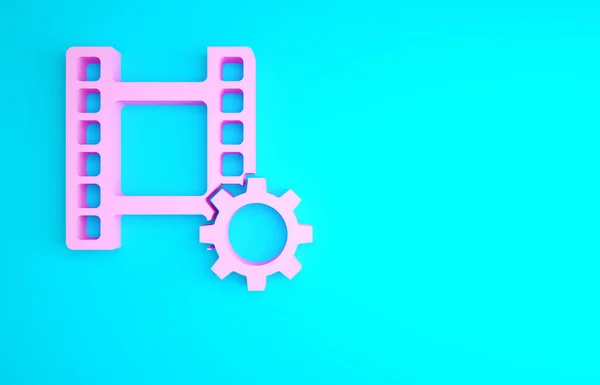 Pink Play Video Icoon Geïsoleerd Blauwe Achtergrond Filmstrip Bord Minimalisme — Stockfoto