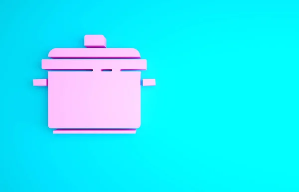 粉色烹饪锅图标隔离在蓝色背景 蒸煮或炖煮食品的象征 最低纲领的概念 3D渲染3D插图 — 图库照片
