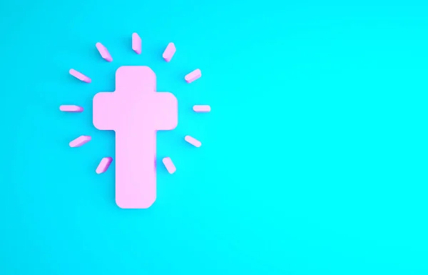 Pink Christian Cross Icon Isolated Blue Background Church Cross Minimalism — Stock Photo, Image