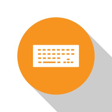 Beyaz Bilgisayar klavye simgesi beyaz arkaplanda izole edildi. Bilgisayar bileşeni işareti. Turuncu daire düğmesi. Vektör.