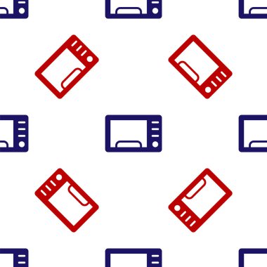 Mavi ve kırmızı mikrodalga fırın ikonu beyaz zemin üzerinde izole edilmiş pürüzsüz desen. Ev aletleri simgesi. Vektör.