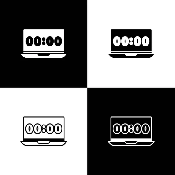 Set Clock Laptop Screen Icon Isolated Black White Background Schedule — Stock Vector