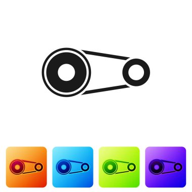 Beyaz arkaplanda siyah zaman kemer kiti simgesi izole edildi. Renkli kare düğmelerle simgeleri ayarla. Vektör.