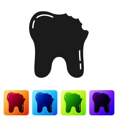 Siyah kırık diş simgesi beyaz arka planda izole edilmiş. Diş problemi ikonu. Diş sağlığı sembolü. Renkli kare düğmelerle simgeleri ayarla. Vektör.