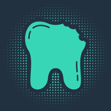 Mavi arka planda yeşil kırık diş simgesi izole edildi. Diş problemi ikonu. Diş sağlığı sembolü. Soyut çember rastgele noktalar. Vektör.