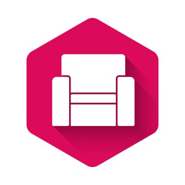 Uzun gölgeli beyaz sinema koltuğu ikonu. Pembe altıgen düğmesi. Vektör.